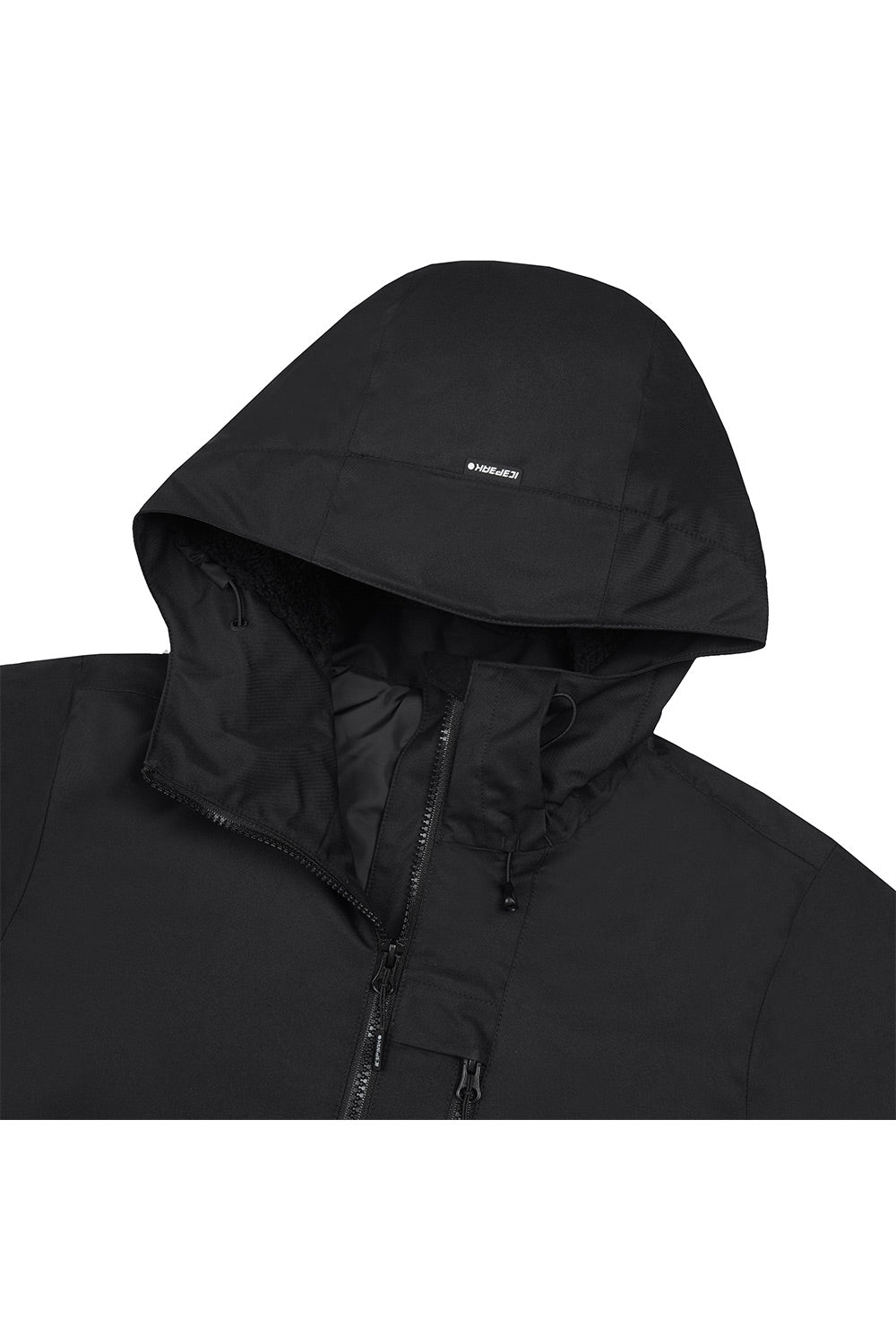 Close-up of a black hooded jacket with a front zipper and a small white Icepeak logo on the chest, shown against a plain white background.