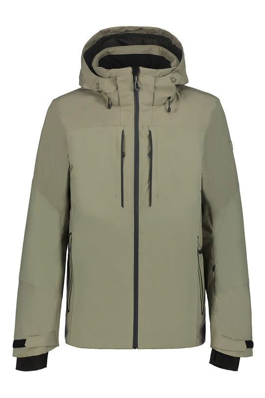 A hooded technical jacket in a light khaki or sand color with black trim, zippers, and cuffs, shown against a plain white background.