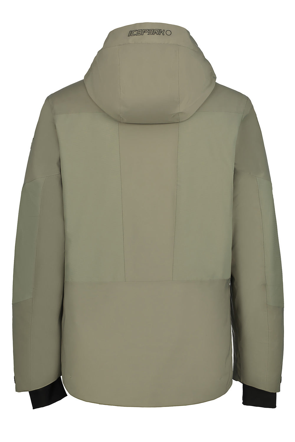 The back view of a hooded ski jacket in a muted sage green color, featuring a high collar, zippered pockets, and black cuffs.