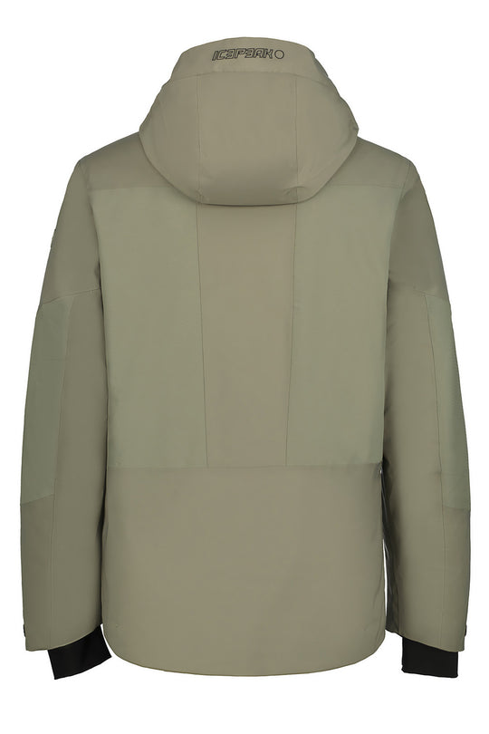 The back view of a hooded ski jacket in a muted sage green color, featuring a high collar, zippered pockets, and black cuffs.