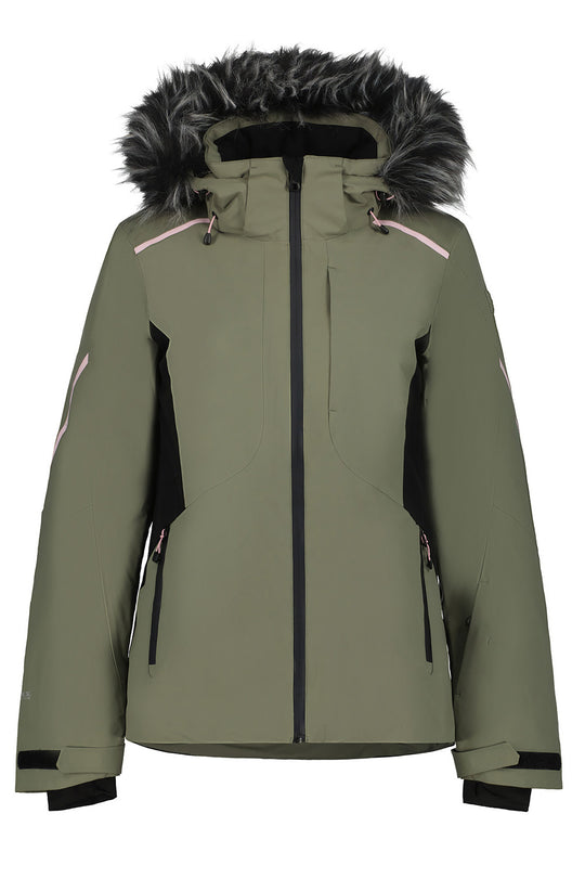 An olive green ski jacket with a black faux-fur trimmed hood, black side panels, and light pink accent lines on the shoulders and upper sleeves, shown against a plain white background.