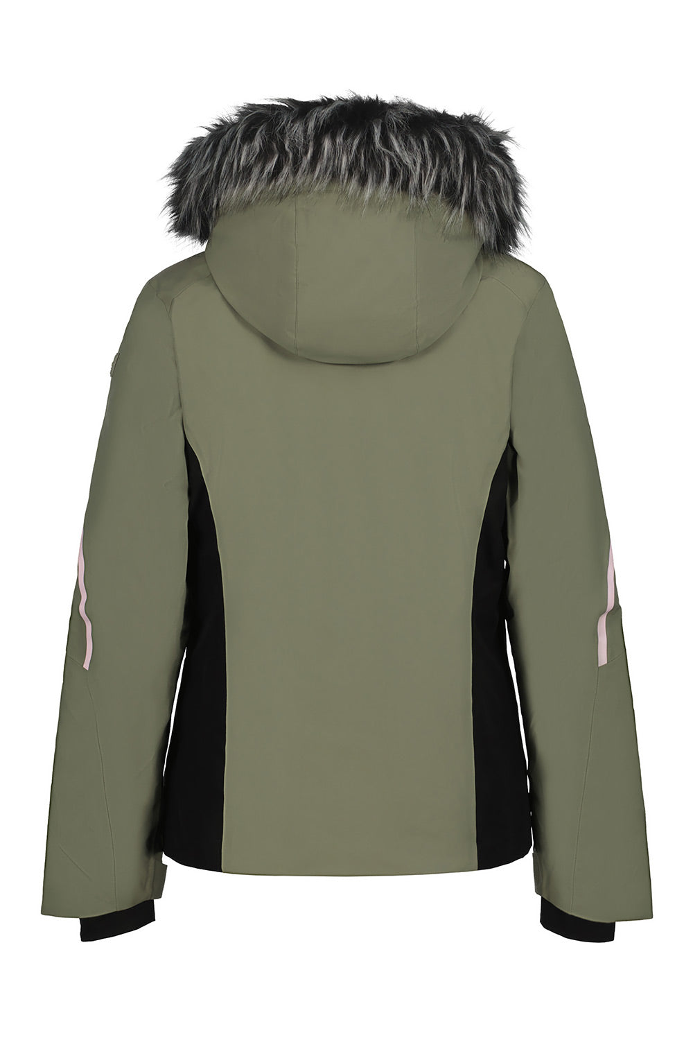 The back view of a women's ski jacket in olive green, featuring black side panels, black cuffs, and a faux-fur trimmed hood on a white background.