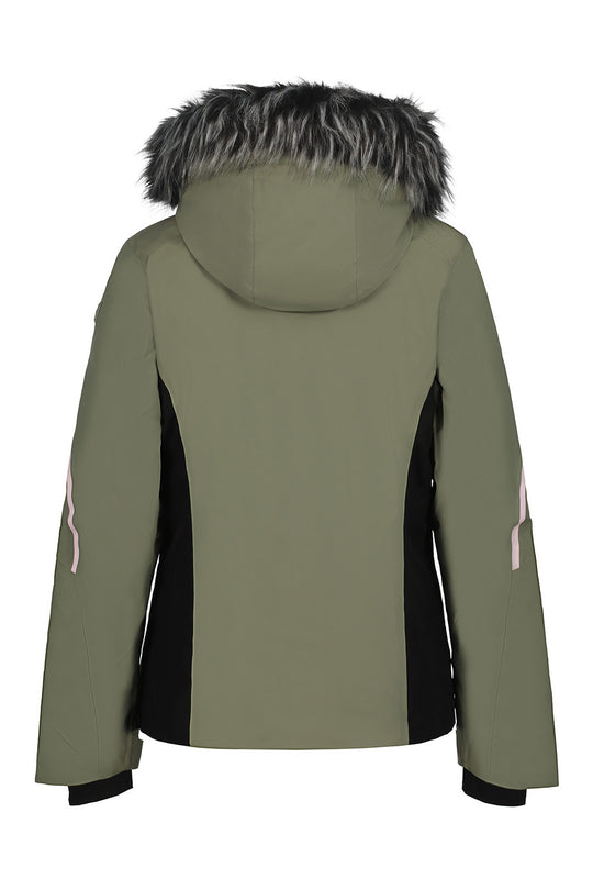 The back view of a women's ski jacket in olive green, featuring black side panels, black cuffs, and a faux-fur trimmed hood on a white background.