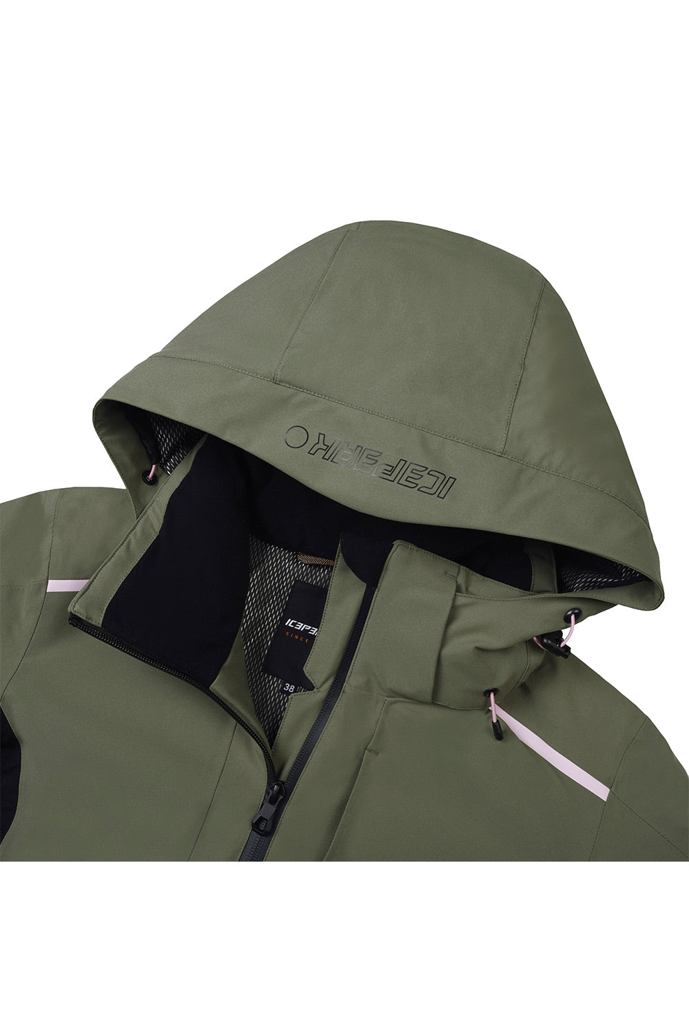 Close-up of an olive green hooded jacket with a black inner lining and zipper, featuring a subtle logo on the hood and a light pink zipper pull, shown against a plain white background.