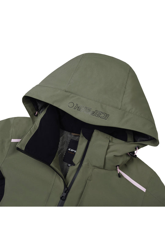 Close-up of an olive green hooded jacket with a black inner lining and zipper, featuring a subtle logo on the hood and a light pink zipper pull, shown against a plain white background.