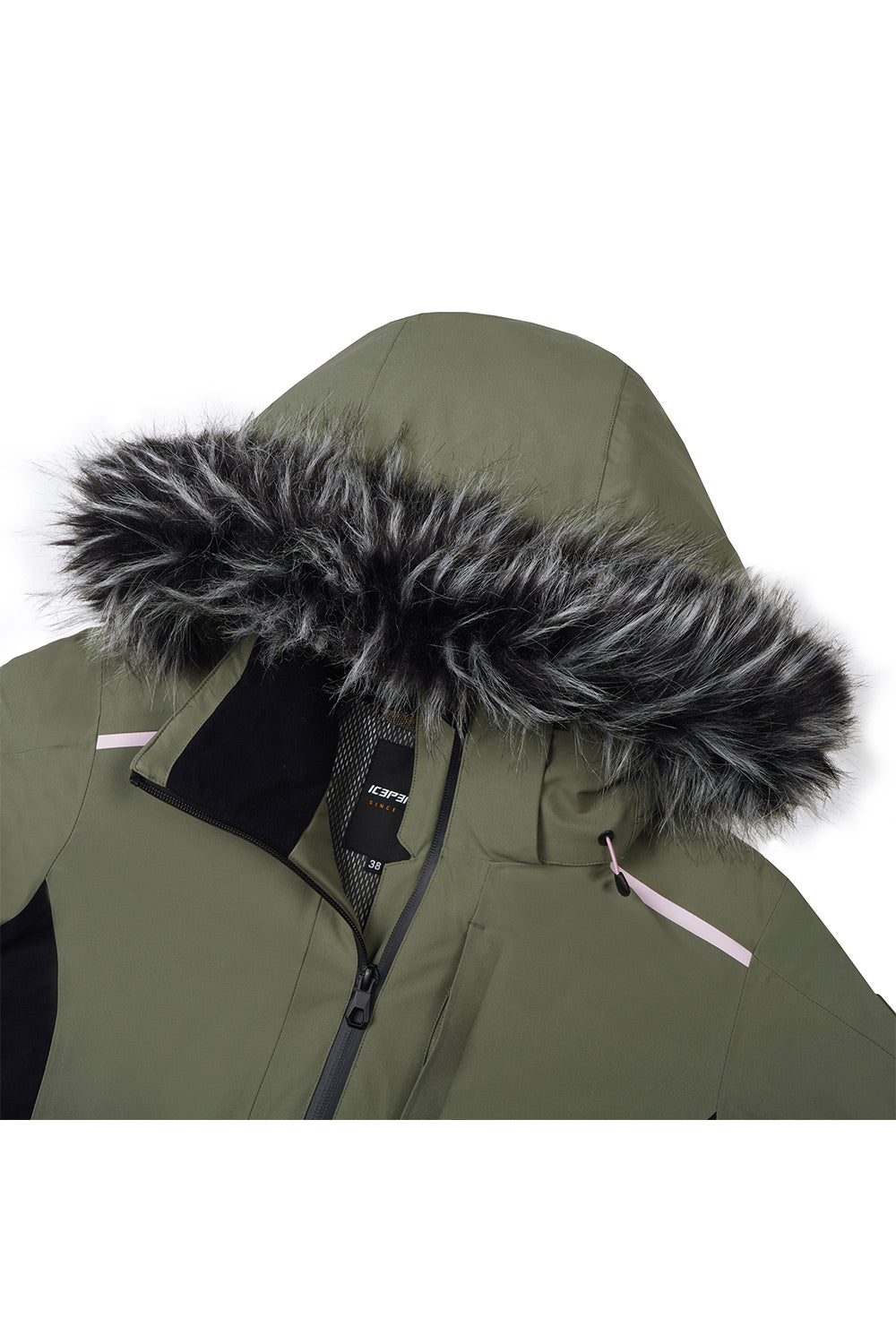 An olive green hooded winter jacket with a thick black and gray faux fur trim around the hood, shown against a plain white background.