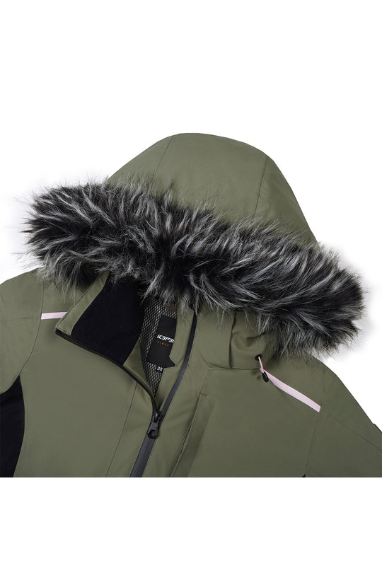 An olive green hooded winter jacket with a thick black and gray faux fur trim around the hood, shown against a plain white background.