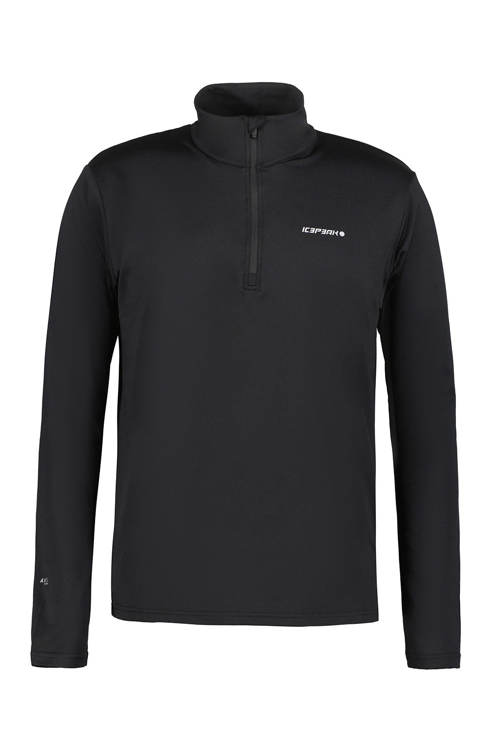 A black long-sleeve quarter-zip pullover with a small white logo on the left chest, displayed on a clean white background.