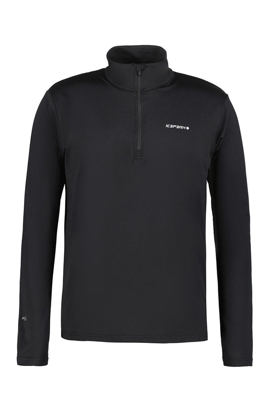 A black long-sleeve quarter-zip pullover with a small white logo on the left chest, displayed on a clean white background.