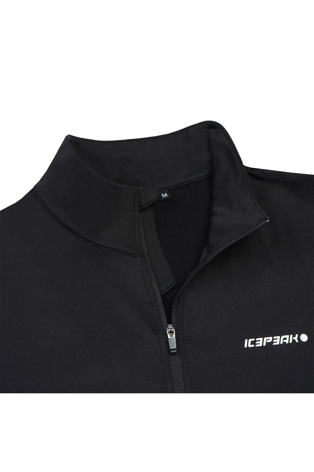 Close-up of a black zip-up athletic jacket with a stand collar and a white ICEPEAK logo on the left chest, shown against a plain white background.