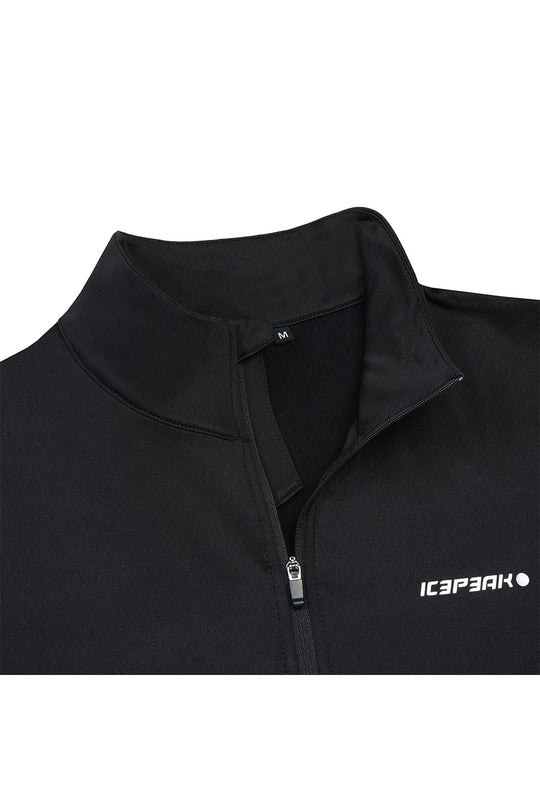 Close-up of a black zip-up athletic jacket with a stand collar and a white ICEPEAK logo on the left chest, shown against a plain white background.