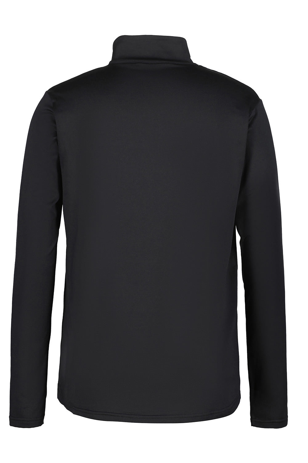 A black long-sleeve quarter-zip pullover jacket shown from the back, featuring a high mock neck collar, photographed against a solid white background.
