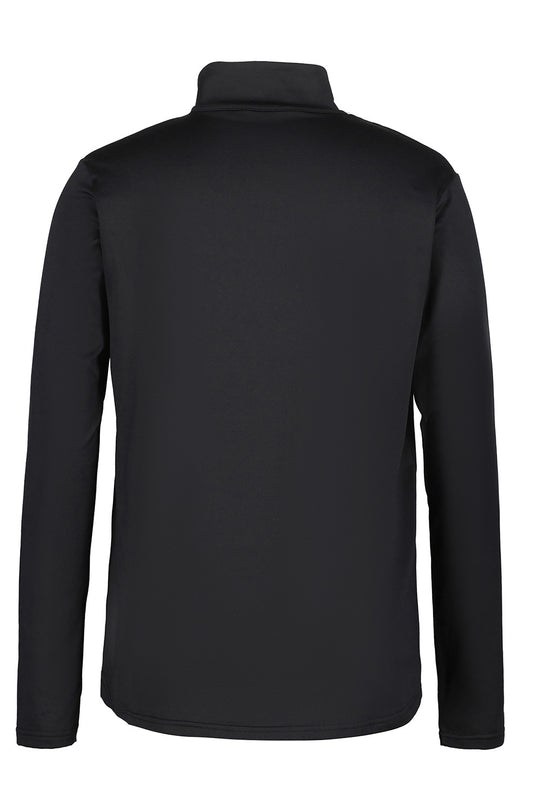 A black long-sleeve quarter-zip pullover jacket shown from the back, featuring a high mock neck collar, photographed against a solid white background.