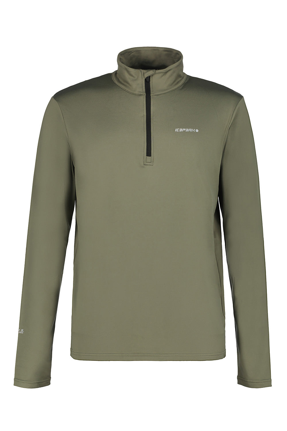 An olive green long-sleeve quarter-zip pullover with a stand-up collar and a small white 'ICEPEAK' logo on the left chest, displayed on a clean white background.