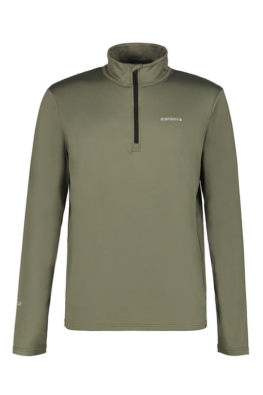 An olive green long-sleeve quarter-zip pullover with a stand-up collar and a small white 'ICEPEAK' logo on the left chest, displayed on a clean white background.