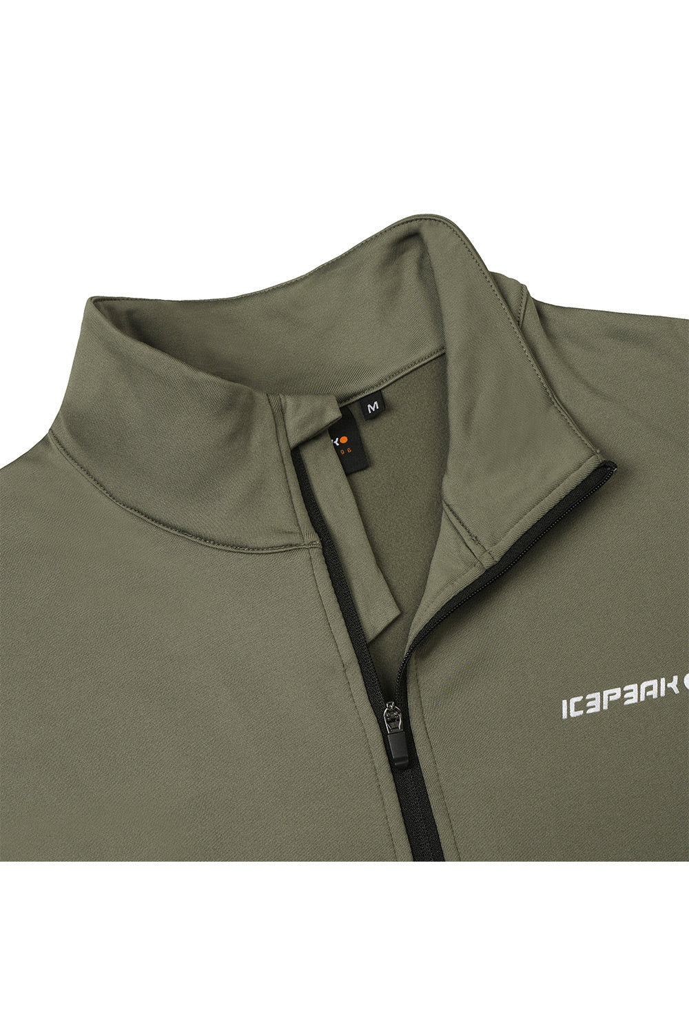 Close-up of an olive green quarter-zip pullover jacket with a stand-up collar, black zipper, and white 'ICEPEAK' branding on the chest.