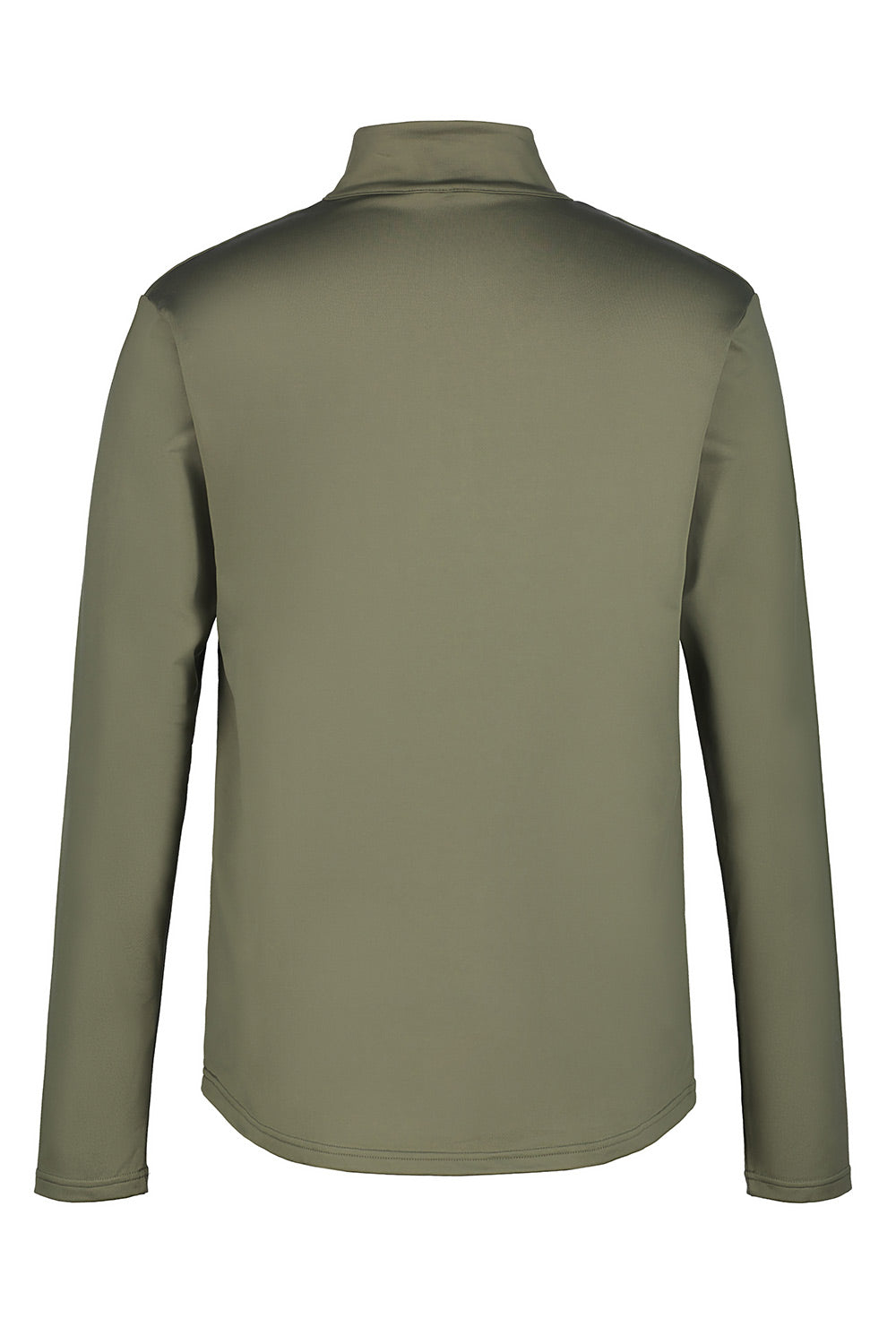 A long-sleeve athletic quarter-zip pullover in olive green, shown from the back on a plain white background.