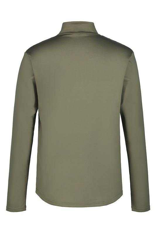 A long-sleeve athletic quarter-zip pullover in olive green, shown from the back on a plain white background.