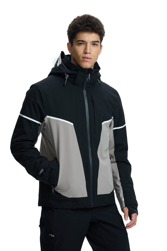A man wearing a black and gray color-blocked hooded jacket with white stripe accents on the sleeves, posed against a solid white background.
