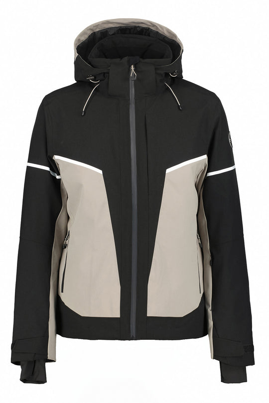 A black and beige hooded ski jacket with white stripe accents on the sleeves, shown against a plain white background.