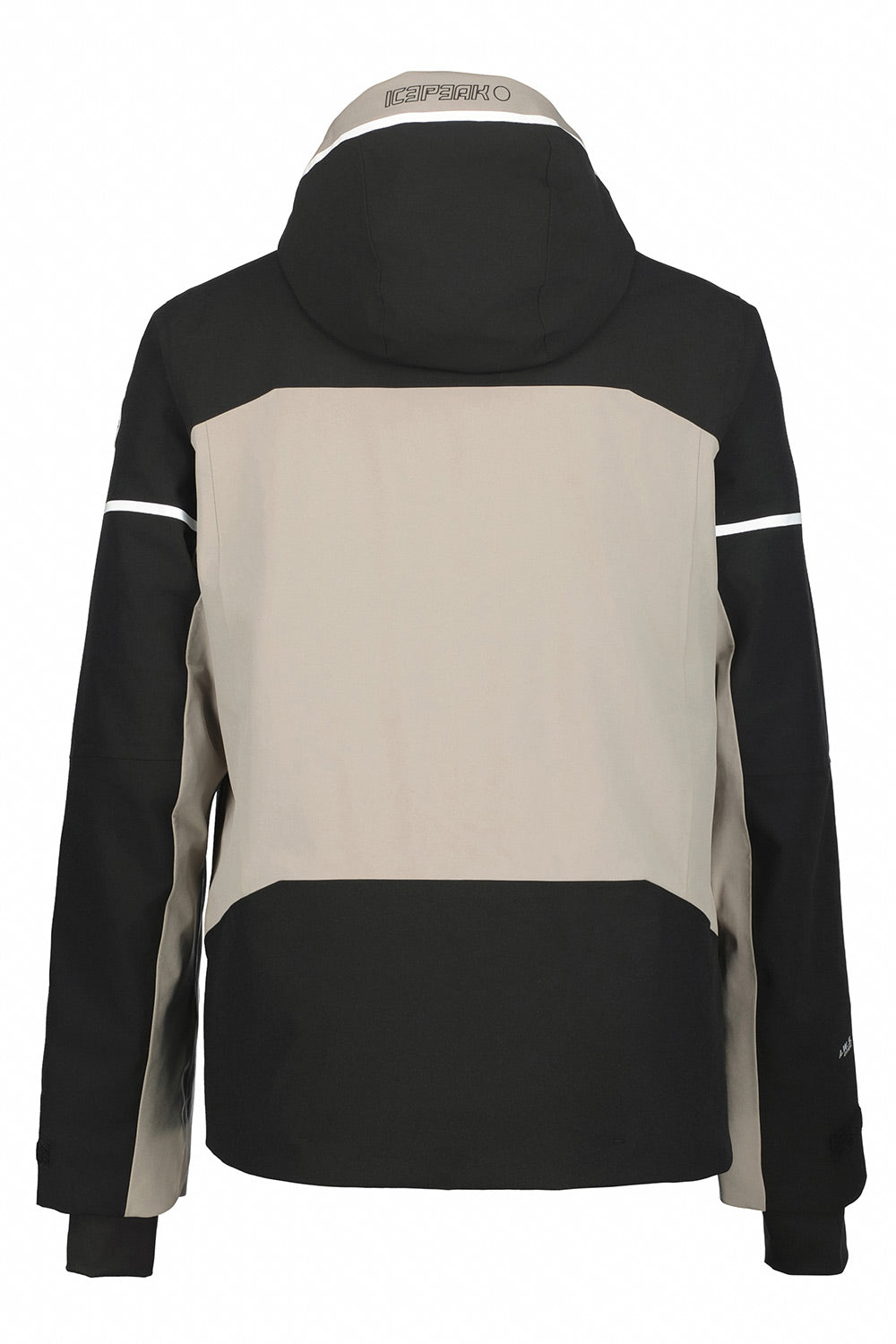 A color-blocked hooded jacket shown from the back, featuring a large beige back panel, black shoulders, sleeves, and lower back, with thin white stripe accents on the upper arms.