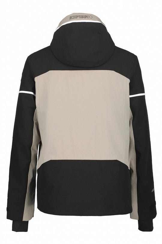 A color-blocked hooded jacket shown from the back, featuring a large beige back panel, black shoulders, sleeves, and lower back, with thin white stripe accents on the upper arms.