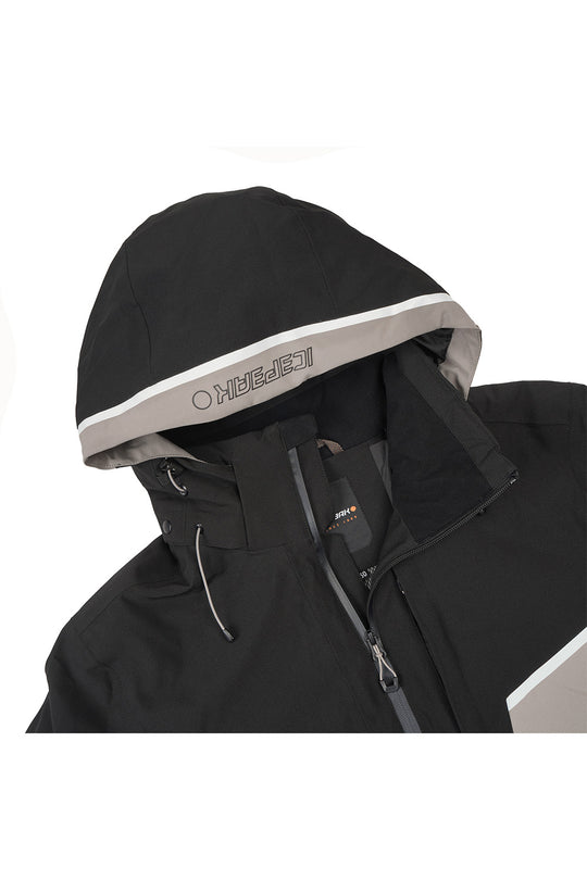 Close-up of a black hooded jacket with a light gray inner hood lining and a visible MIPHEIST logo on the inside of the hood, shown against a plain white background.