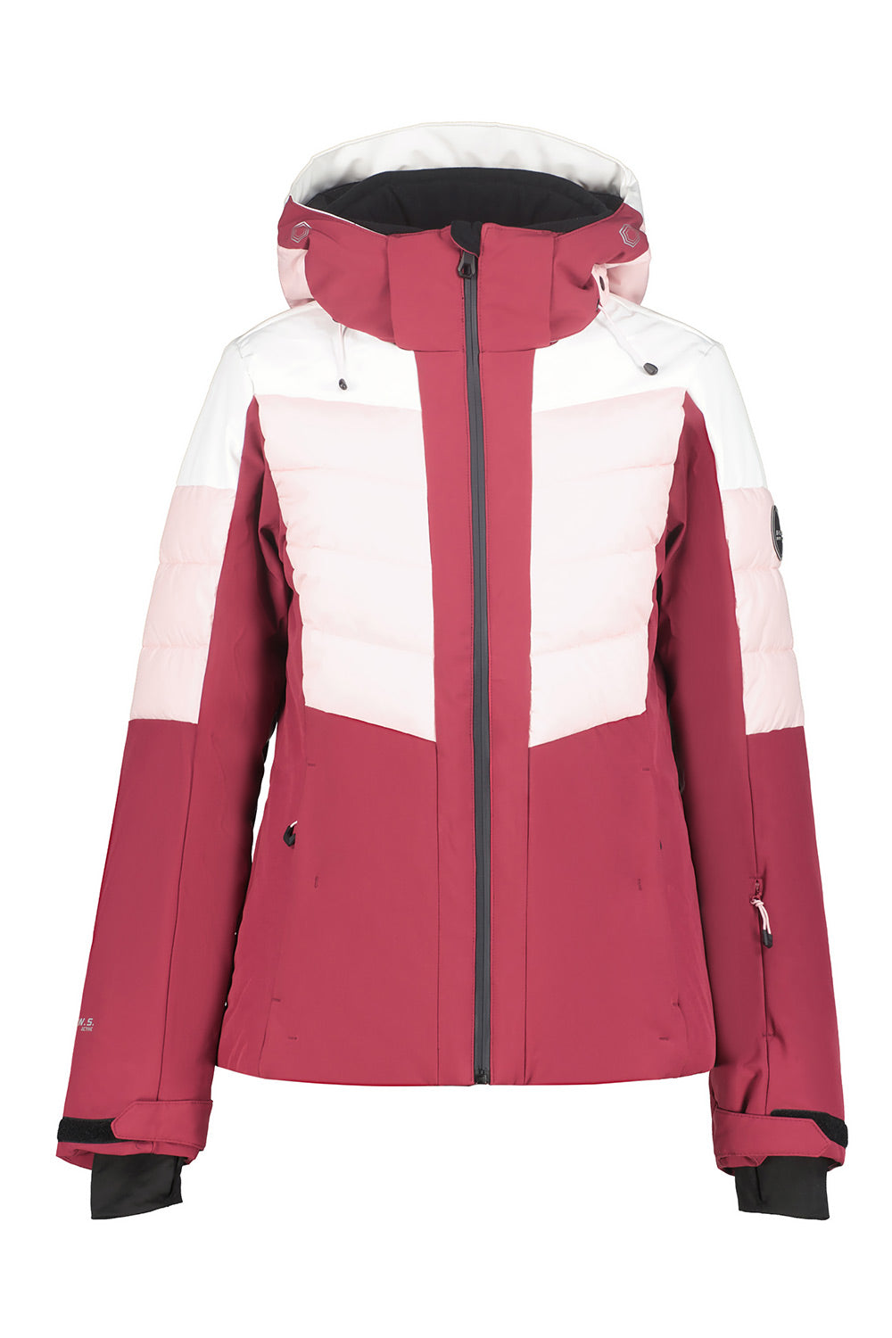 A women's colorblock ski jacket in dusty rose, white, and light pink, featuring a full front zipper, hood, and black cuffs.