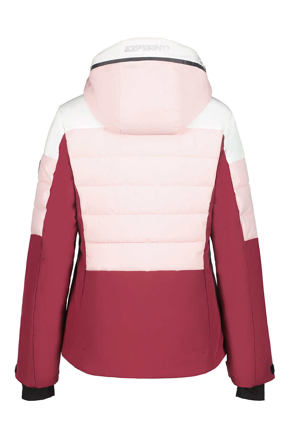 A women's colorblock ski jacket shown from the back, featuring a light pink hood, a white quilted back panel, and a deep burgundy lower body and sleeves.