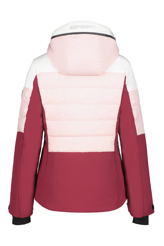 A women's colorblock ski jacket shown from the back, featuring a light pink hood, a white quilted back panel, and a deep burgundy lower body and sleeves.