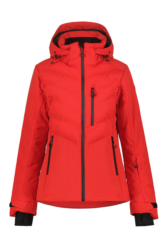 A bright red women's ski jacket with black zippers, black drawstrings, and black cuff tabs, shown on a plain white background.