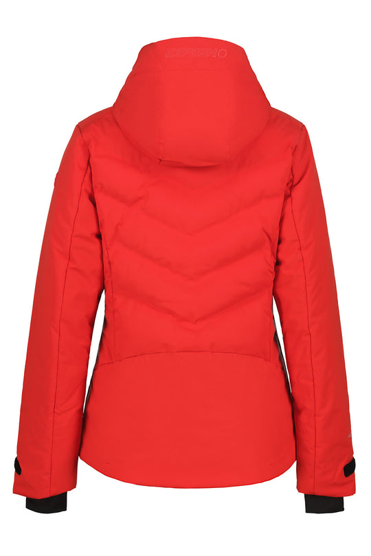 A bright red puffer jacket shown from the back, featuring a high padded collar, quilted chevron stitching, and black cuffs.