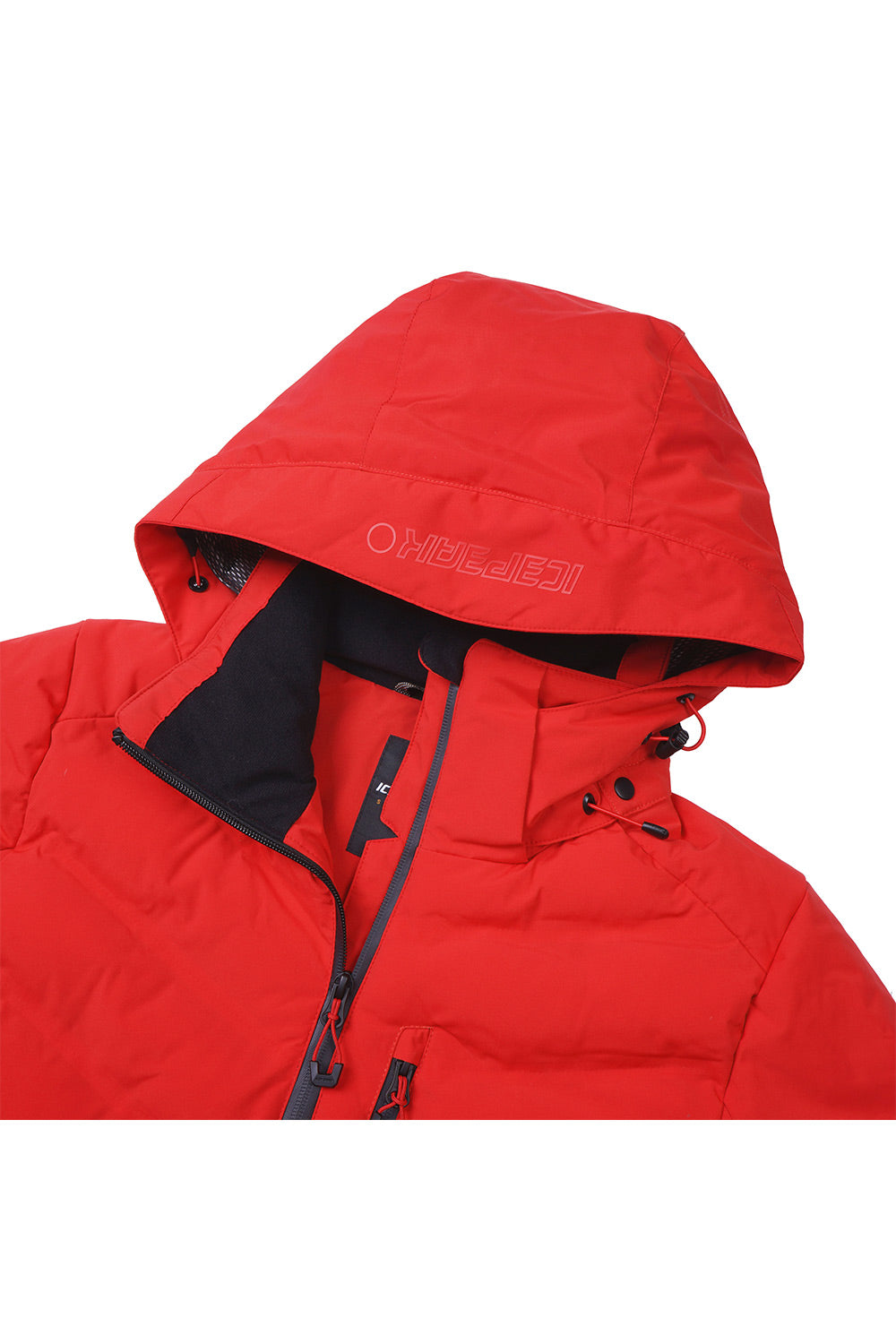 A close-up of a red hooded jacket with a black inner lining and a subtle tonal embroidered logo on the hood, shown against a plain white background.