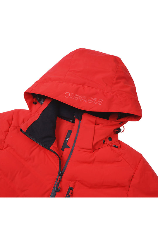 A close-up of a red hooded jacket with a black inner lining and a subtle tonal embroidered logo on the hood, shown against a plain white background.