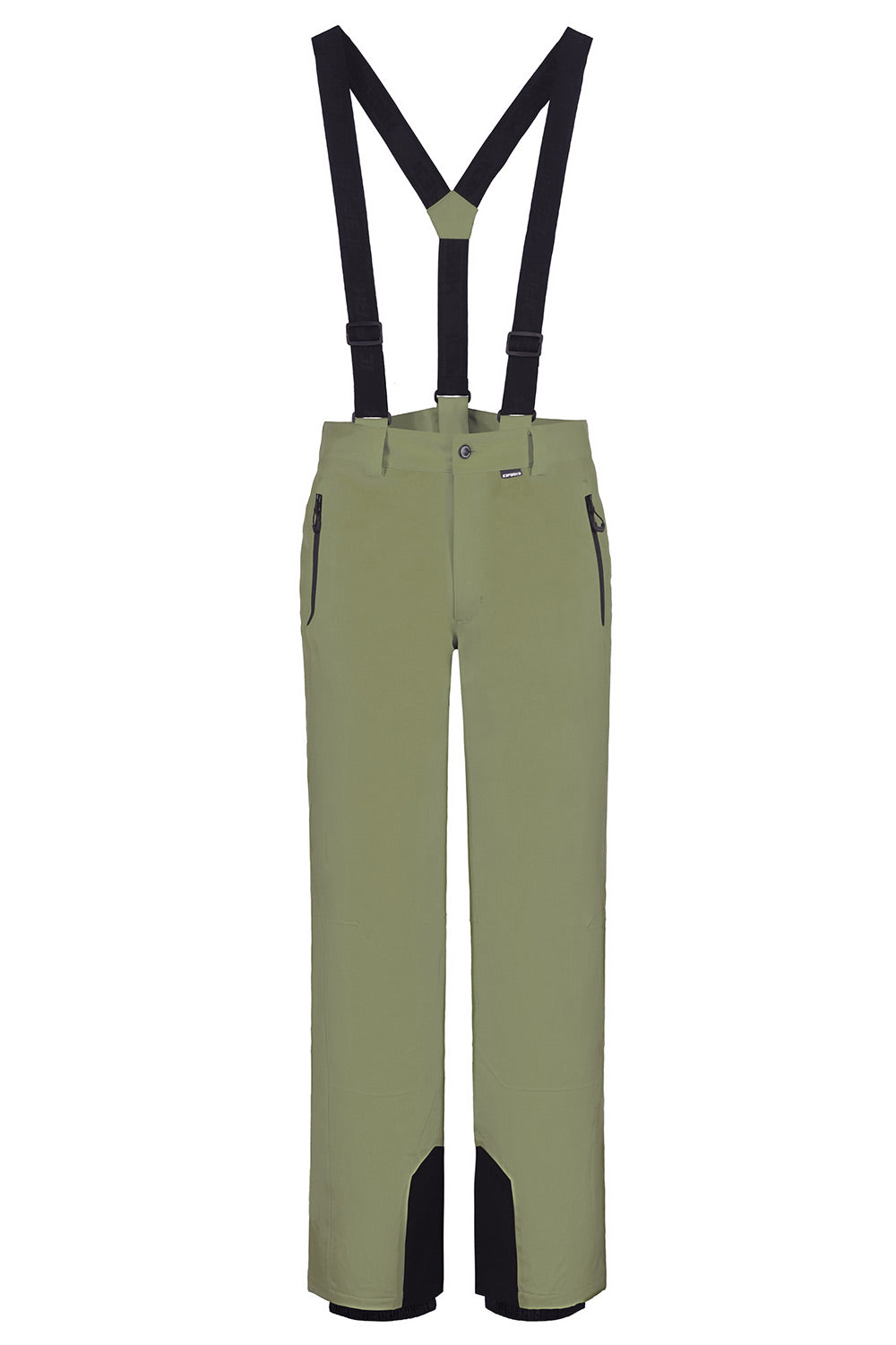 Olive green ski bib pants with black suspenders and black reinforced knee panels, shown against a plain white background.