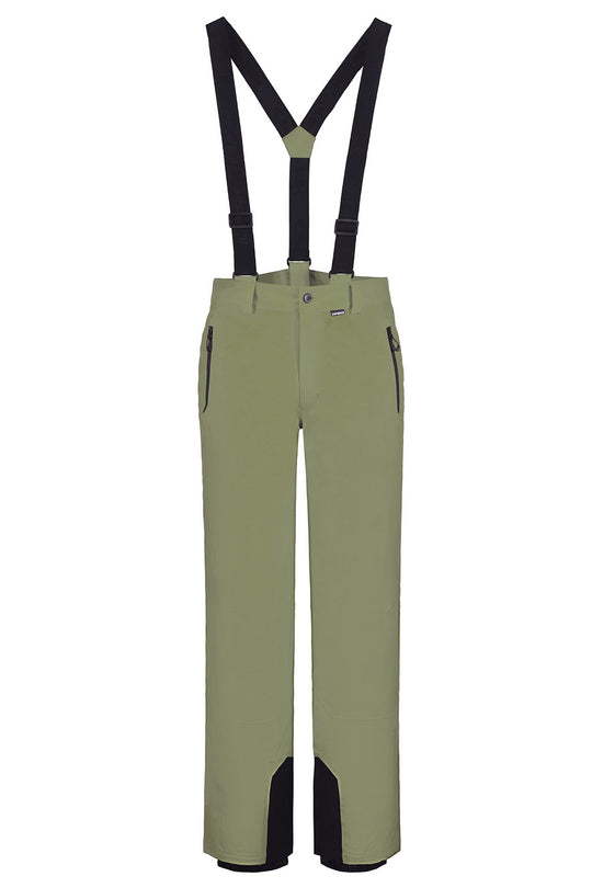 Olive green ski bib pants with black suspenders and black reinforced knee panels, shown against a plain white background.