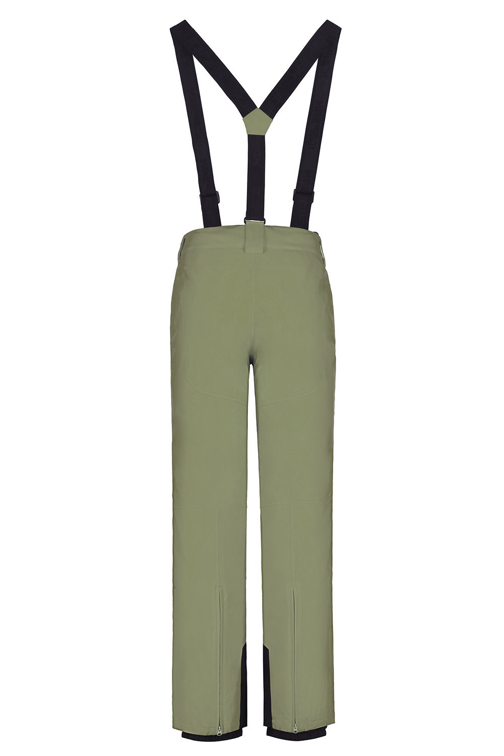 Olive green ski pants with black suspenders and black zipper details at the ankle openings, shown against a plain white background.