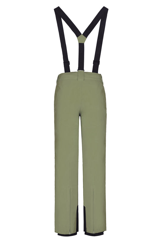 Olive green ski pants with black suspenders and black zipper details at the ankle openings, shown against a plain white background.