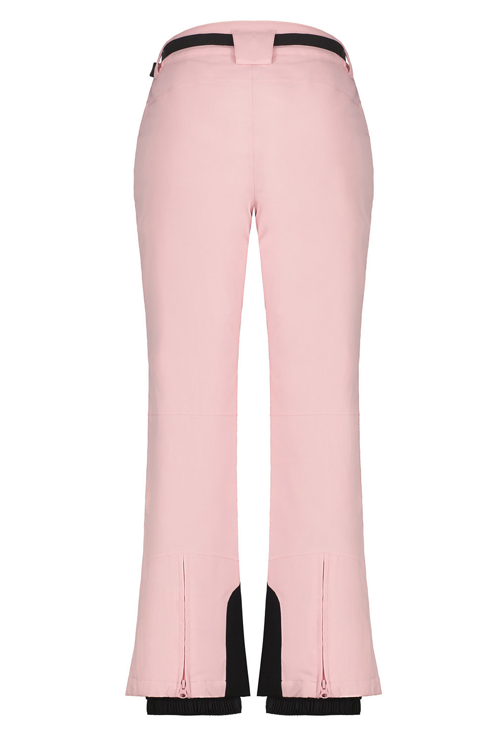 A pair of light pink wide-leg cropped pants with black trim details at the waistband and cuffs, shown from the back on a white background.