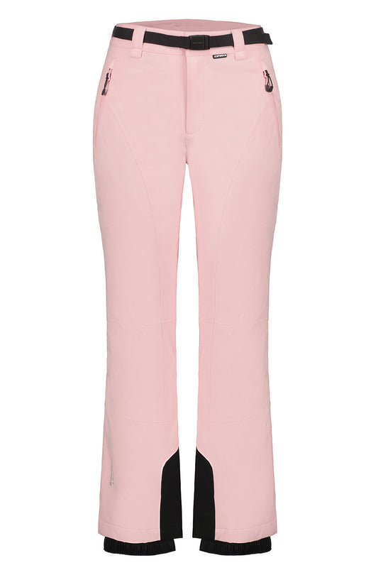Light pink ski pants with black contrast panels at the lower legs and a black belt, shown against a plain white background.
