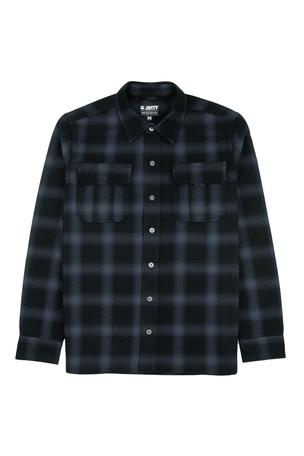A long-sleeve button-up flannel shirt in a dark black and gray plaid pattern, featuring two chest pockets and a pointed collar, shown against a plain white background.