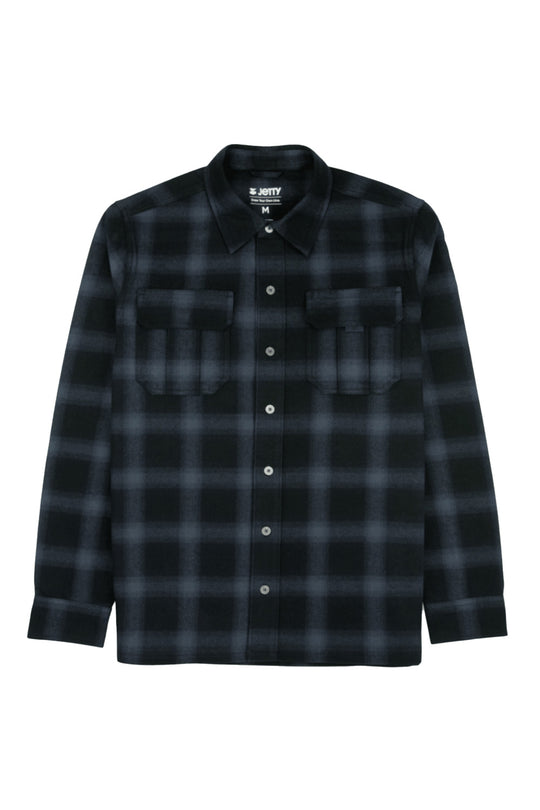 A long-sleeve button-up flannel shirt in a dark black and gray plaid pattern, featuring two chest pockets and a pointed collar, shown against a plain white background.