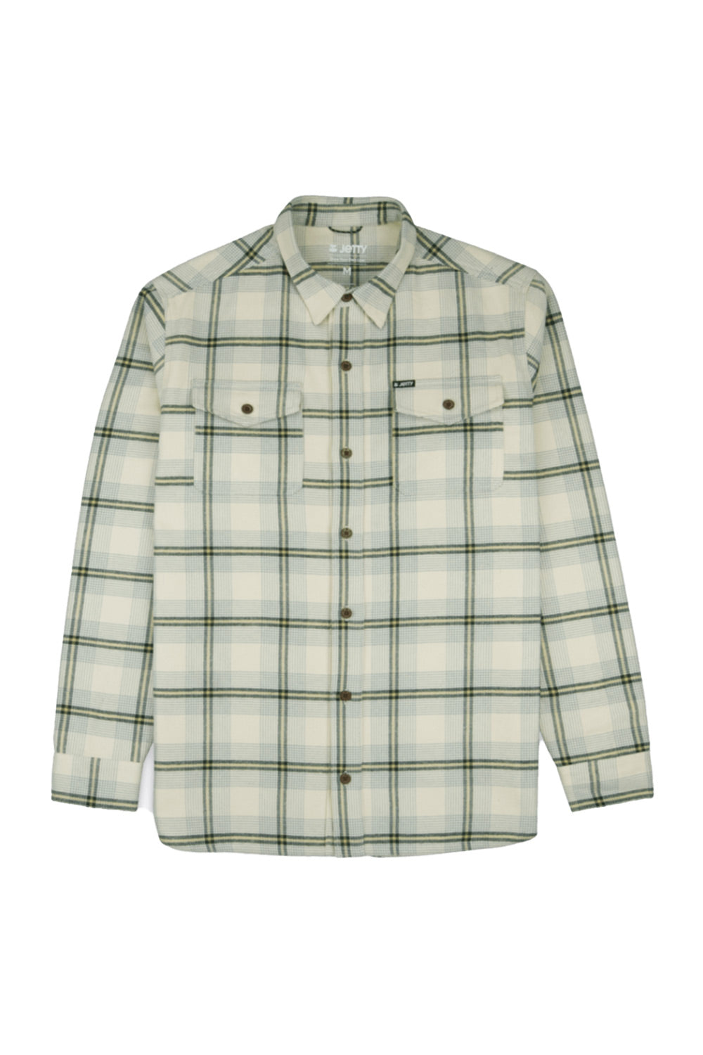 A long-sleeve button-up flannel shirt with a green and beige plaid pattern, featuring two buttoned chest pockets, displayed on a clean white background.