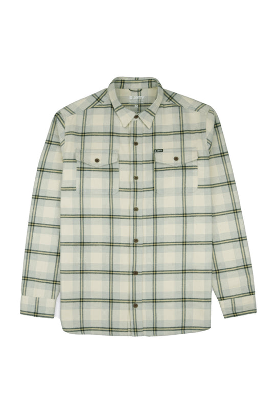 A long-sleeve button-up flannel shirt with a green and beige plaid pattern, featuring two buttoned chest pockets, displayed on a clean white background.