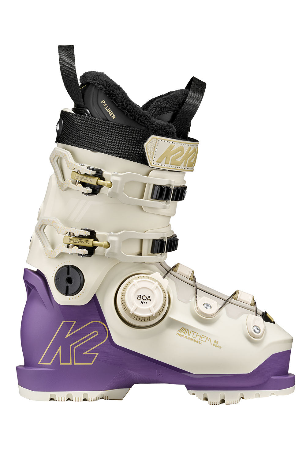 White and purple ski boot with K2 branding on a white background
