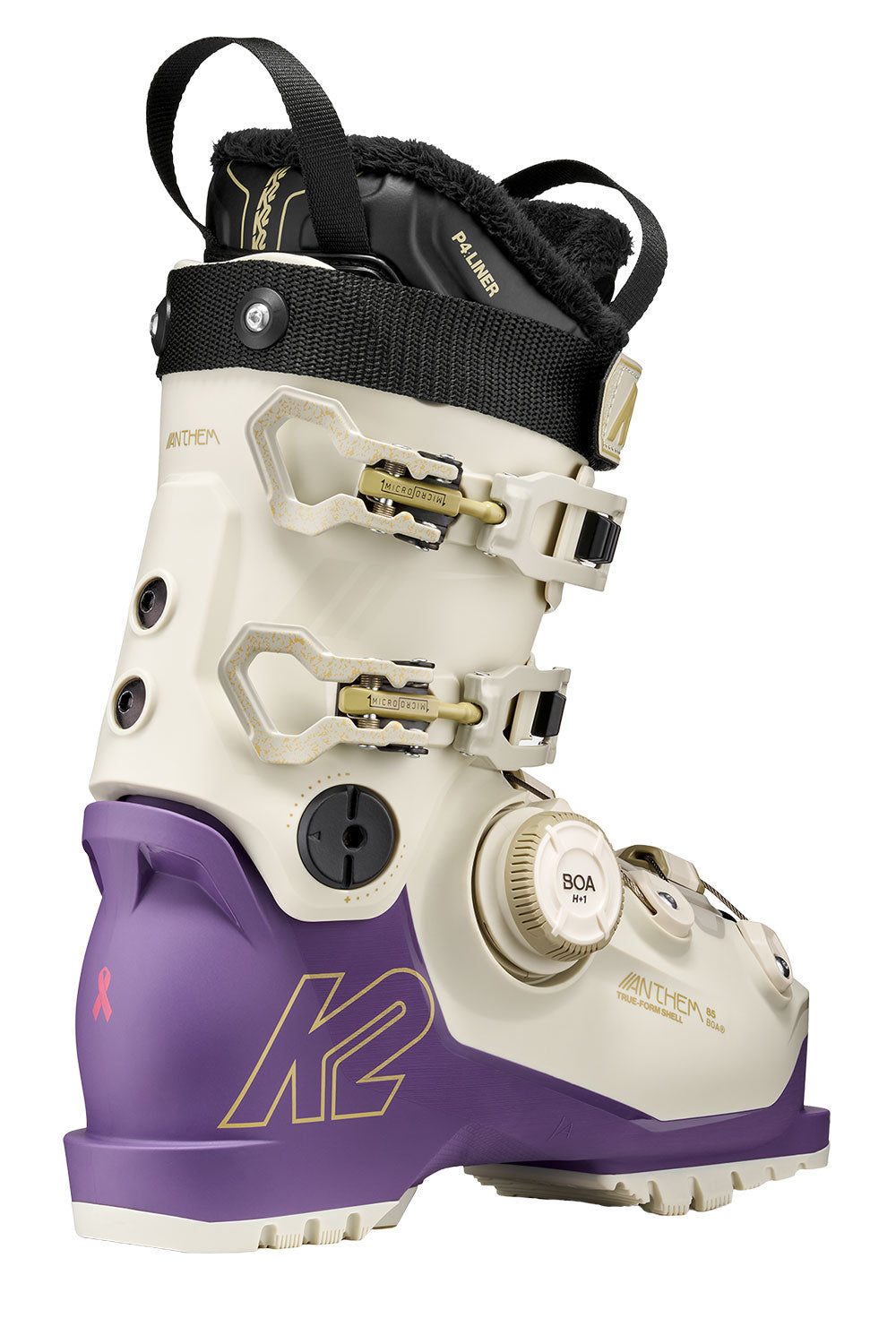 White and purple ski boot with black accents on a white background