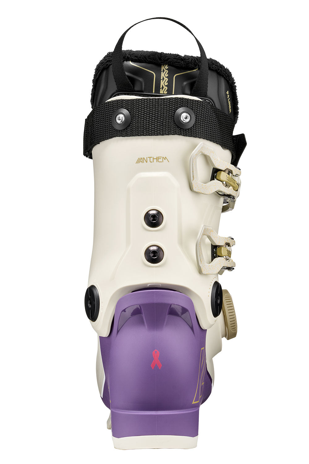 White and purple ski boot with black and gold accents on a white background