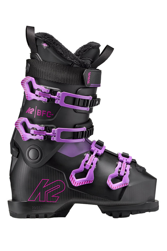 Black and purple ski boot with K2 branding on a white background