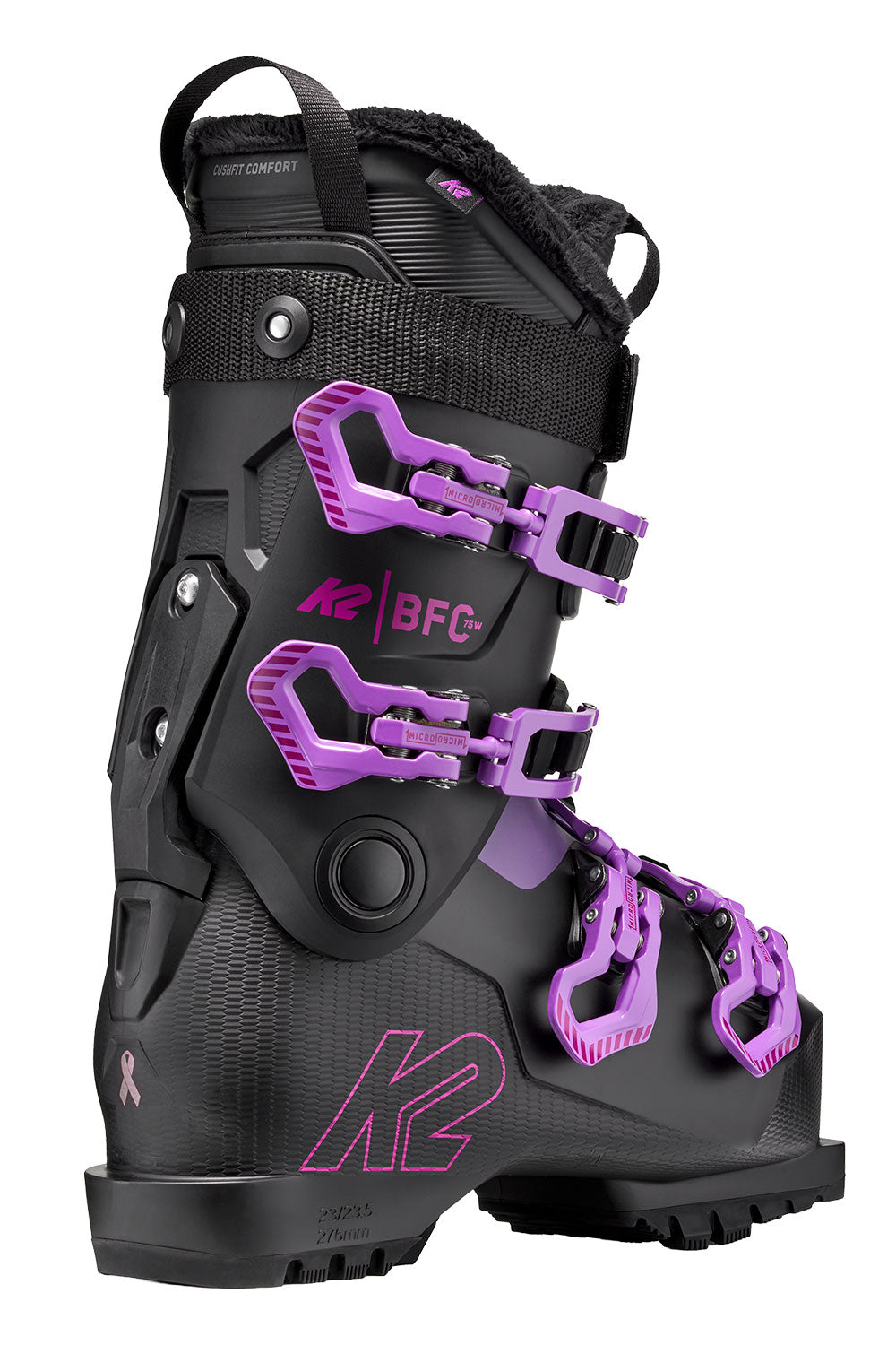 Black and purple ski boot with K2 branding on a white background