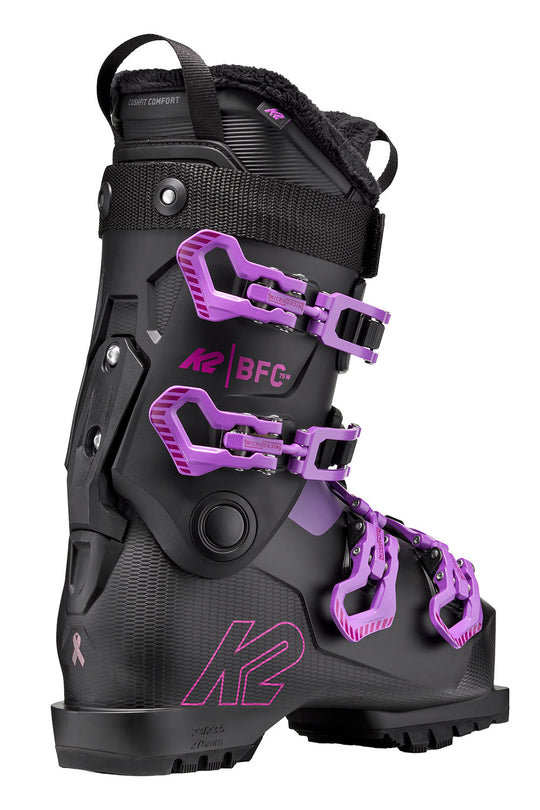 Black and purple ski boot with K2 branding on a white background